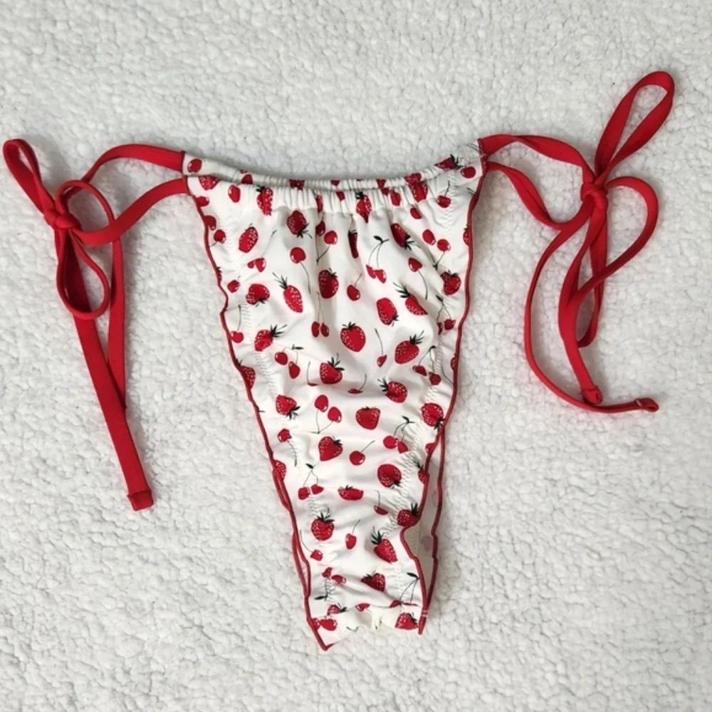 New! Frankie Bikini Summer Berries Strawberry Print Bikini Bottom with Red Ties